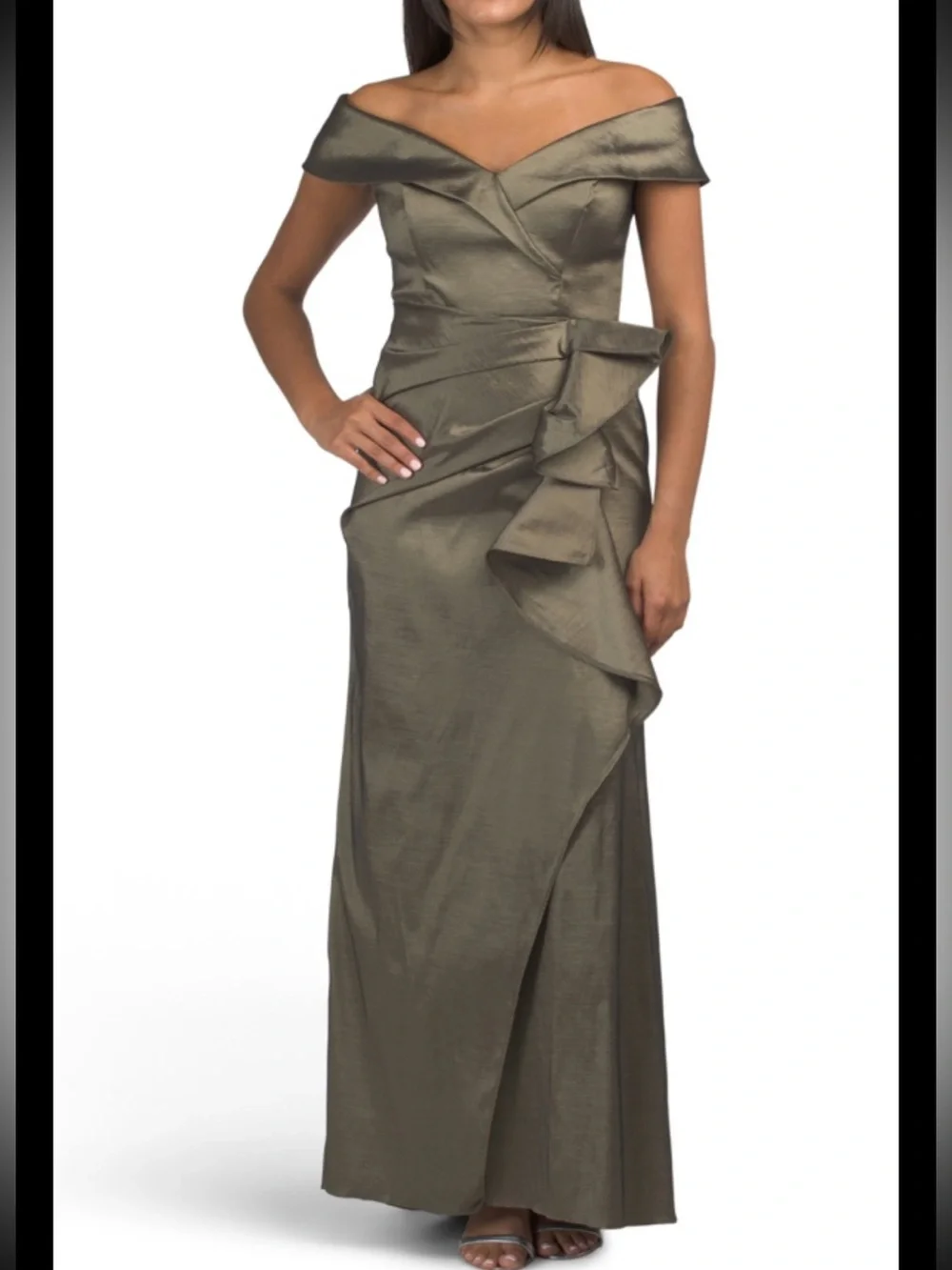 Xscape Metallic Taffeta,off The Shoulder Gown,sz 14, New Without Tag,olive